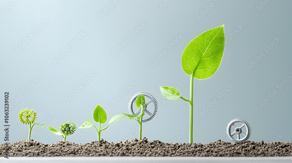 Aufkleber Growing plant with mechanical gears as leaves symbolizing the concept of growth and development through creative problem solving and innovative thinking