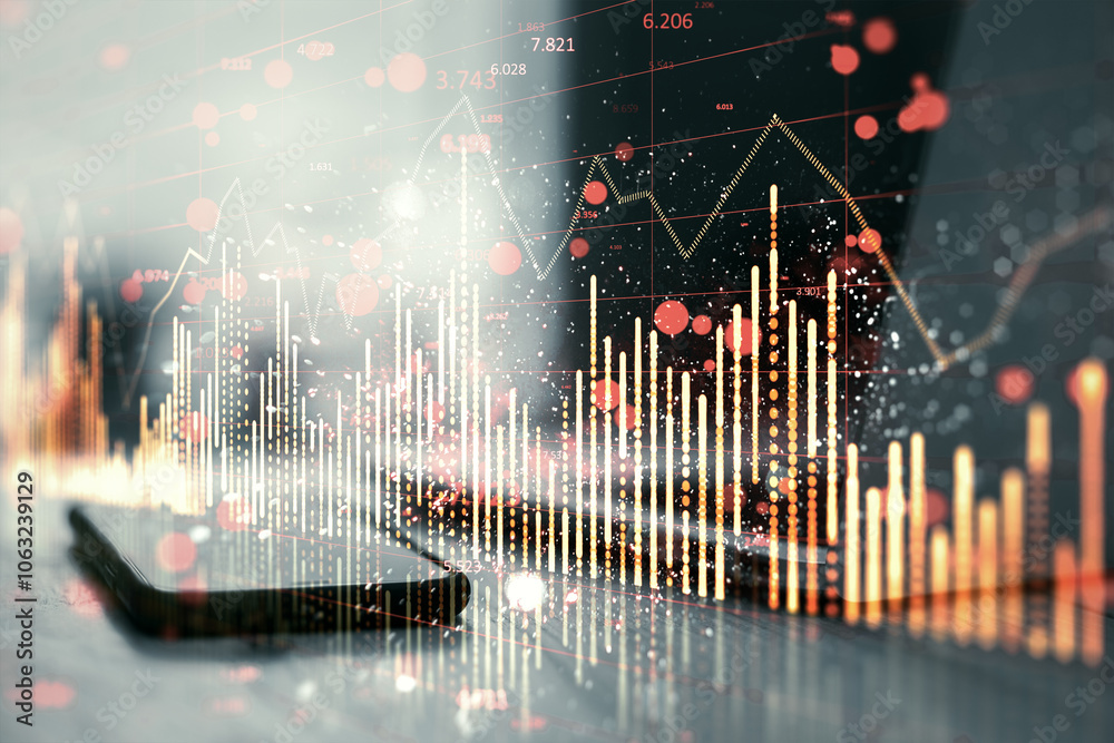 Poster close up of laptop and cellphone on desk with falling red candlestick forex chart on blurry backgrou