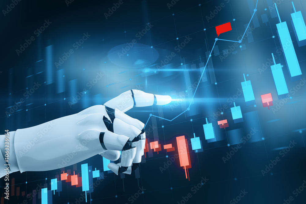 Aufkleber creative robot hand pointing at forex chart on blurry blue background. robotics, finance, artificial