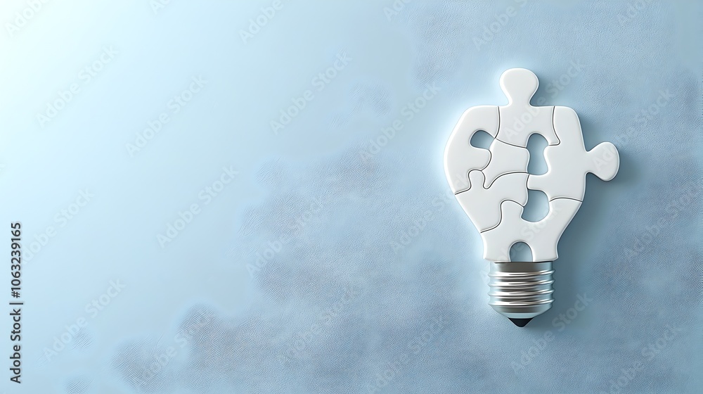 Poster Light bulb shaped like a puzzle piece representing the symbol of unique creative solutions and innovative ideas for problem solving discovery and achieving success
