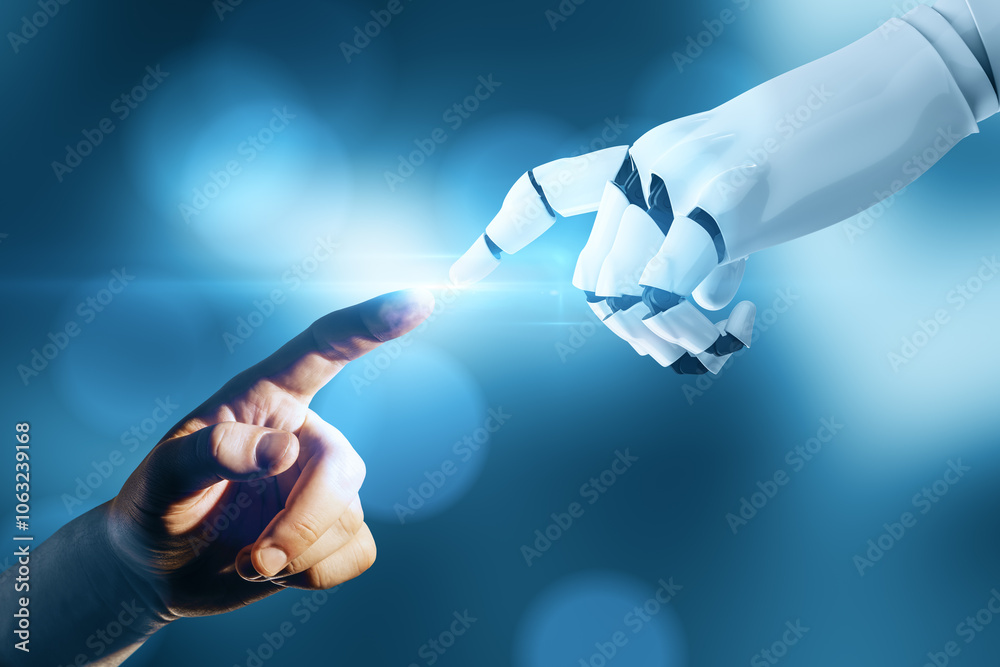 Poster Creative robot hand pointing at male hand on blurry blue background. Robotics, artificial intelligence and machine learning concept.