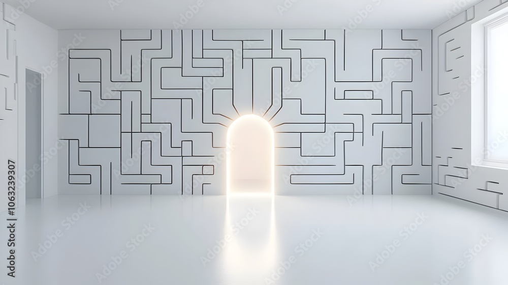Poster Glowing Exit Shining Through an Intricate Abstract Maze Representing the Discovery of Clear Solutions to Complex Problems and Challenges  A Conceptual Metaphor for Innovative Thinking