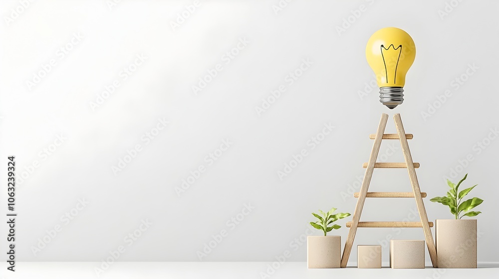 Poster Ladder Ascending to Illuminating Light Bulb Symbolizing Innovative Idea and Growth  Conceptual image of a ladder leading up to a bright light bulb representing the journey towards achieving new ideas