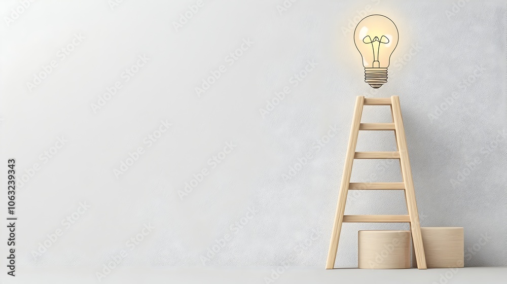 Poster Ladder leading up to a bright light bulb at the top representing the journey of pursuing innovative ideas and reaching new levels of creativity and problem solving