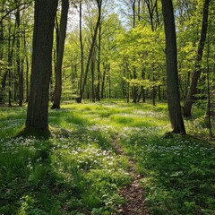 Fototapeta premium Spring forest clearing with early wildflowers and emerging greenery