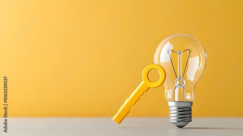 Poster key unlocking light bulb representing unlocking new ideas and solutions for innovation creativity an