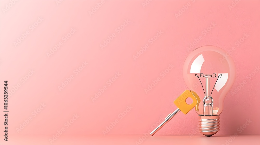 Poster symbolic key unlocking a light bulb to represent the discovery of new ideas and innovative solutions