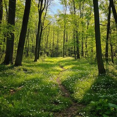 Obraz premium Spring forest clearing with early wildflowers and emerging greenery