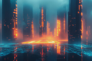 A stunning futuristic virtual landscape featuring glowing circuit boards and towering structures, illuminated by vibrant neon lights and surrounded by a mysterious fog.