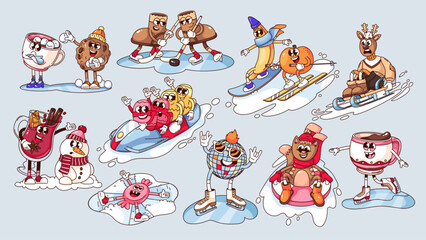 Winter activity stickers of groovy cartoon characters set. Funny retro winter season elements, mascots riding sleds, snowboard, ice skating. Cartoon collection of 70s 80s style vector illustration