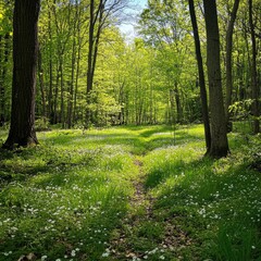 Fototapeta premium Spring forest clearing with early wildflowers and emerging greenery