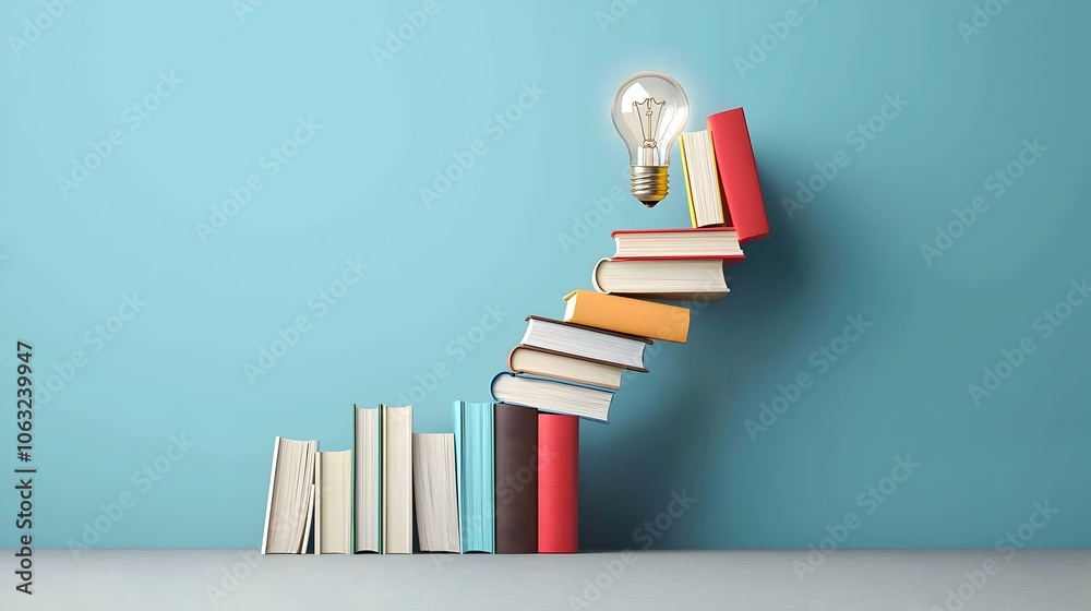 Leinwandbilder a spiraling stack of books leading up to a glowing light bulb symbolizing the power of knowledge and