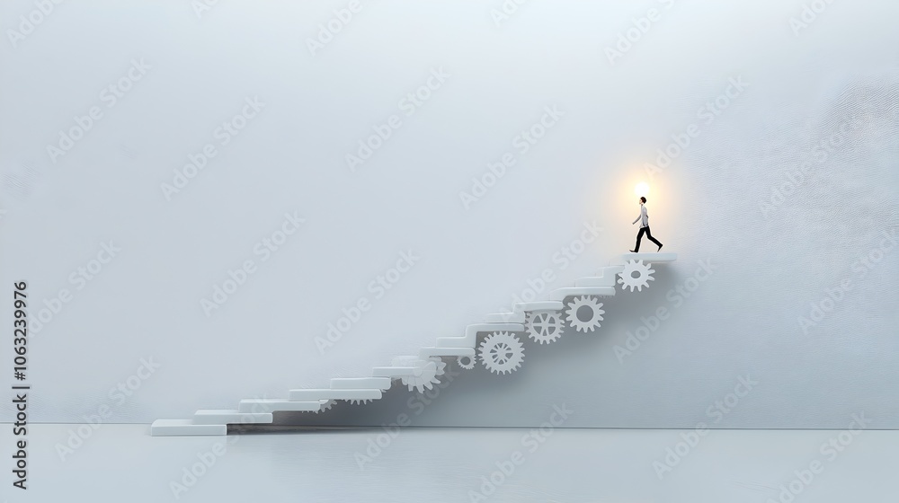 Poster the image depicts a person walking up a staircase made of gears symbolizing the steps taken to solve