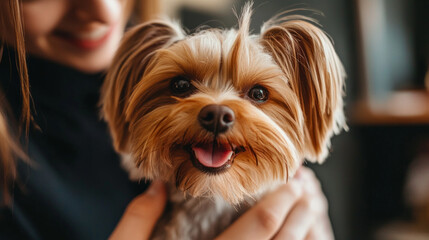 A young woman smiles while holding a cheerful Yorkshire Terrier with a well-groomed coat indoors during a cozy afternoon