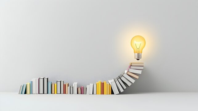A spiral staircase formed by stacks of books leading up to a glowing light bulb symbolizing the transformative power of knowledge and the innovative solutions it can inspire