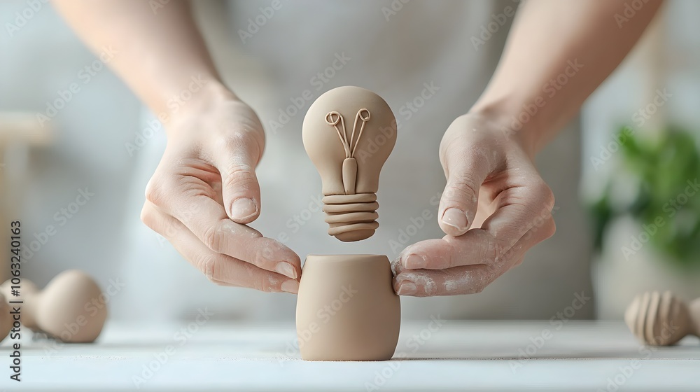 Poster crafting creative ideas hands shaping a light bulb from clay representing the process of innovation 