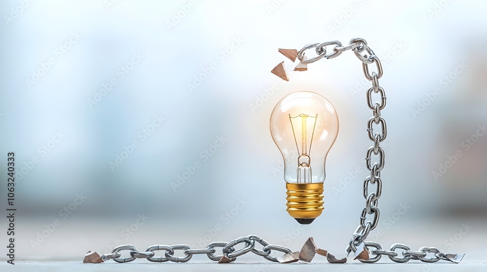 Poster Conceptual image of a light bulb rising from broken chains symbolizing the power of creativity and innovation to liberate one s potential and achieve success