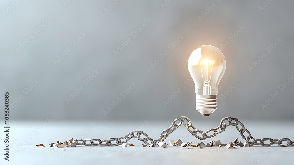 Poster Illuminating light bulb rising from a tangle of broken chains symbolizes the transformative power of creativity