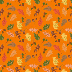 Acorns and oak leaves seamless pattern. Botanical background design with falling leaves. Trendy flat style background. Perfect for wrapping, stationary, packaging, fabric, scrapbooking, web decor.