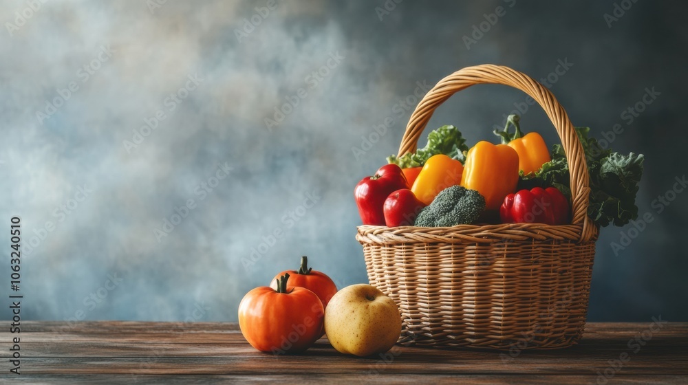 Leinwandbilder fresh vegetables and fruits fill a wicker basket, resting on a rustic wooden table amid a softly blu