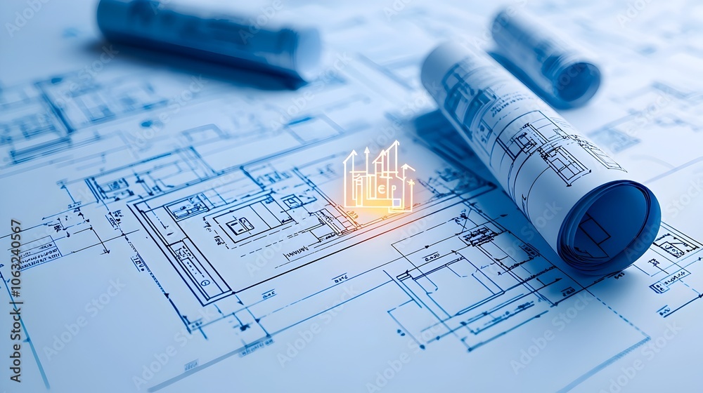 Poster Futuristic blueprint with a glowing abstract design indicating plans and proposals for new innovative solutions and technological advancements  The image showcases a digital