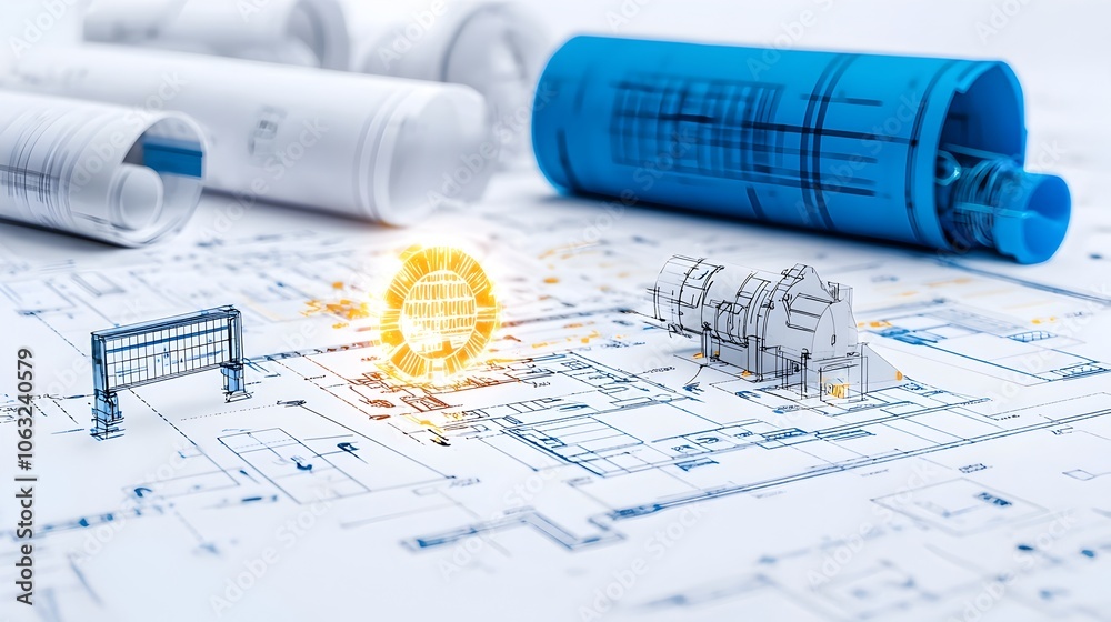 Poster Innovative Blueprint with Glowing Design Showcasing Plans for New Technical Solutions and Concepts  Conceptual Graphic Representation of a Futuristic Engineering or Architectural Project