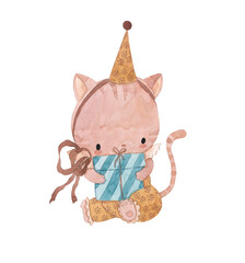 Watercolor cat with gift box illustration for kids