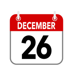 26 December, calendar icon isolated on white background.