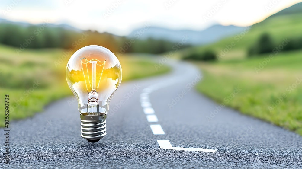 Poster Road map leading to a light bulb symbolizing the journey towards innovative solutions and new opportunities  This image represents the path of progress growth and problem solving