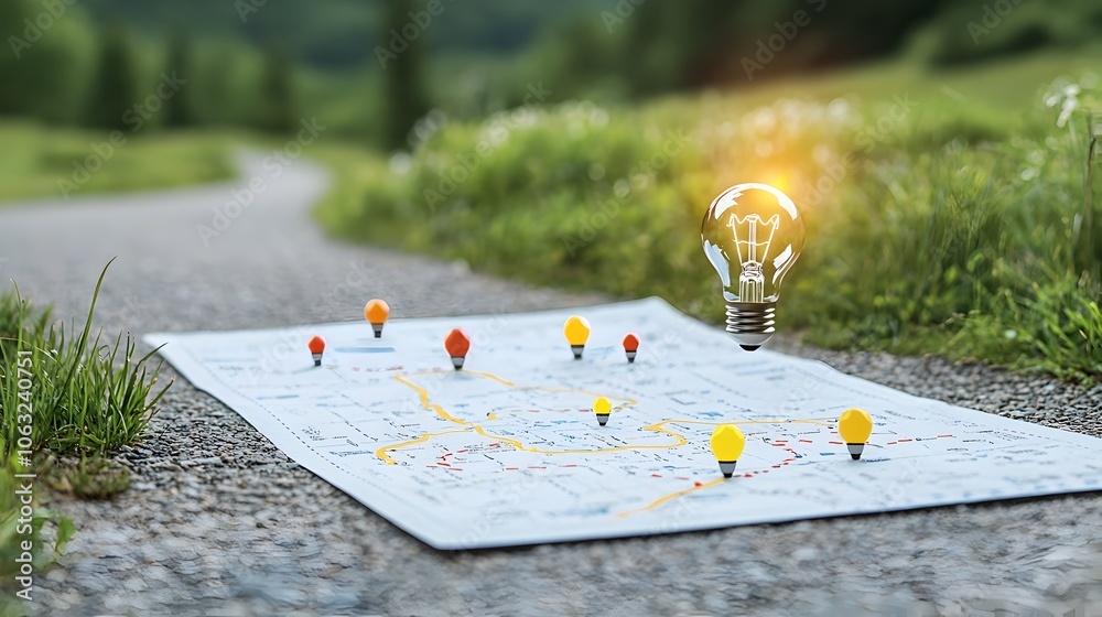Fototapete Conceptual image of a road map guiding the way to a glowing light bulb symbolizing the journey to new solutions innovative ideas and successful business development