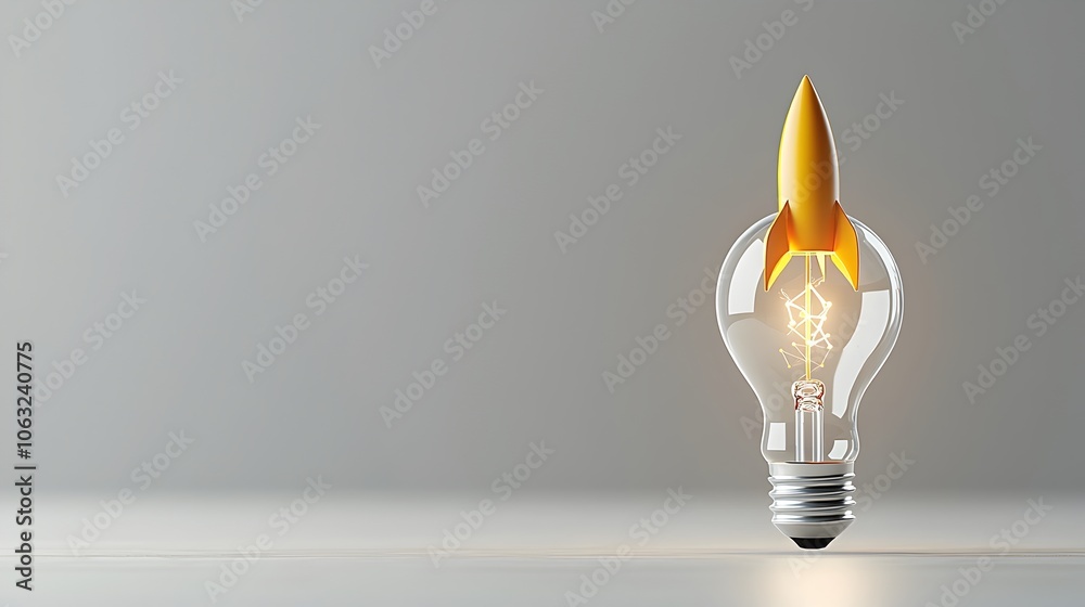 Poster rocket launching from a light bulb a powerful symbol of innovation creativity and entrepreneurial sp