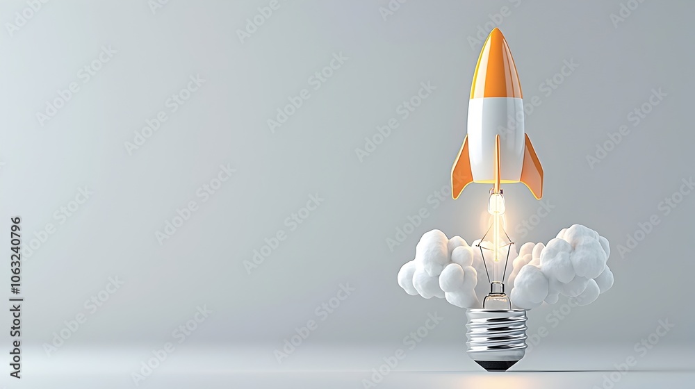 Poster rocket launching from a light bulb symbolizing innovation and breakthrough in technology creativity 