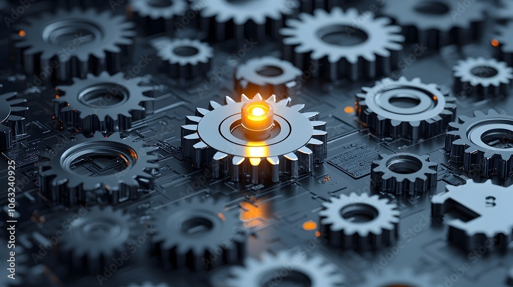 Aufkleber A single gear within a group of interconnected metallic cogs and gears glowing brightly representing a key or pivotal concept or idea among a larger complex industrial or technological system