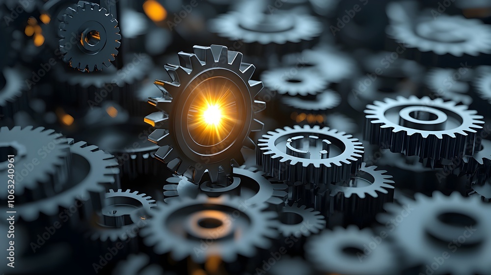 Aufkleber a close up view of a group of intertwined metallic gears with one gear glowing brightly symbolizing 