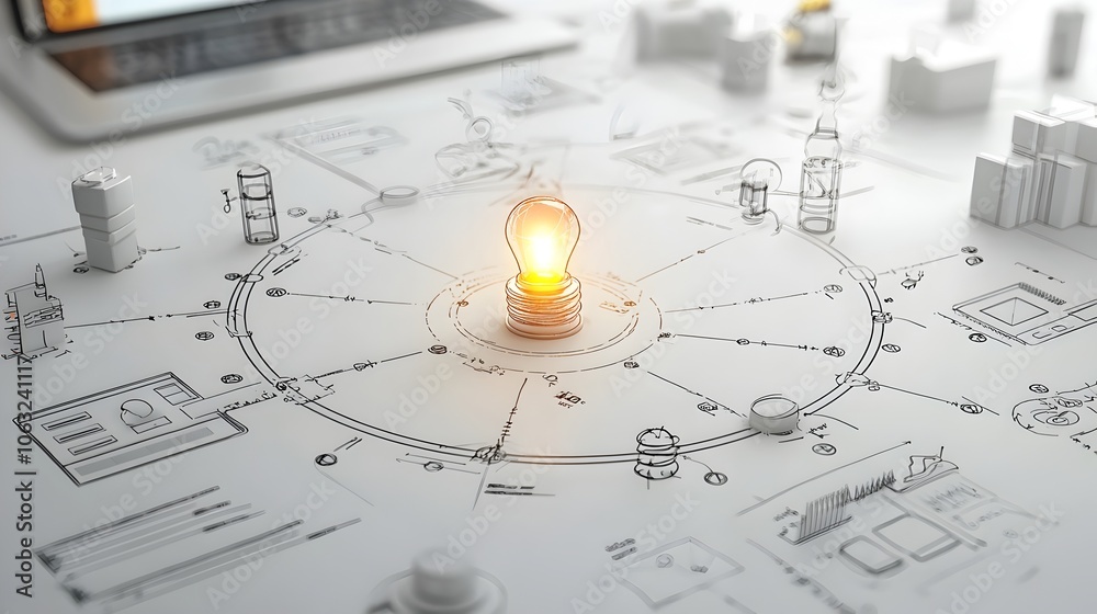 Fototapete Glowing node within a circular digital network pattern symbolizing a unique and innovative idea or concept  This abstract and futuristic conveys the notion of technological advancement