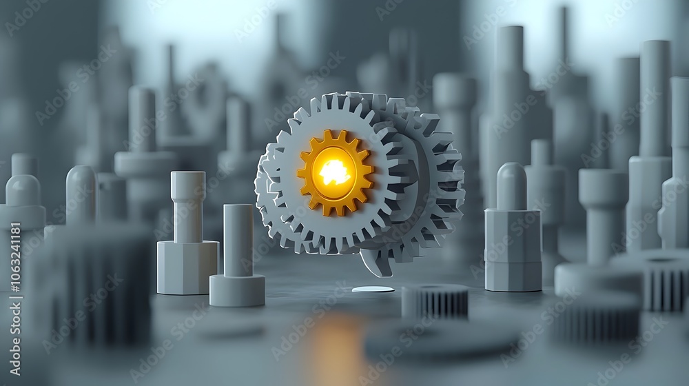 Aufkleber Conceptual image of a brain composed of interconnected gears with one glowing gear symbolizing the innovative thinking process and breakthrough in problem solving