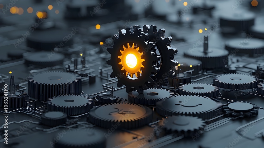 Aufkleber a brain composed of interconnected gears with one gear glowing representing the innovative and creat