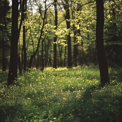 Obraz premium Spring forest clearing with early wildflowers and emerging greenery