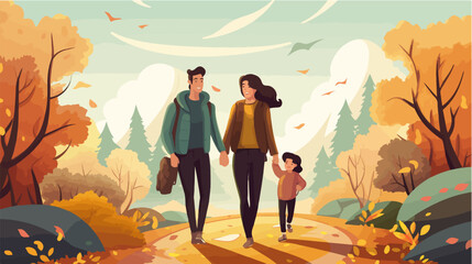 Flat illustration of family on a walk. Spending time together with family.