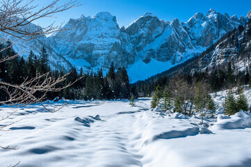 Julian Alps immersed in snow. Riofreddo Valley, wild and magical