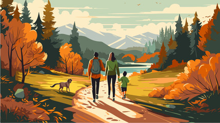Fototapeta premium Flat illustration of family on a walk. Spending time together with family.