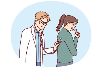 Doctor uses stethoscope examining coughing patient and auscultating woman suffering from flu or pandemic. Hospital doctor examines girl with diseased bronchi or tuberculosis disease