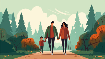 Flat illustration of family on a walk. Spending time together with family.