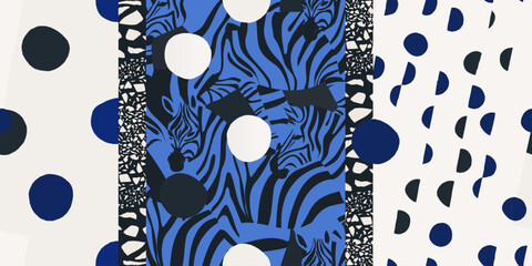 Hand drawn abstract print with zebras and dots. Collage contemporary seamless pattern. Fashionable unique template for design.