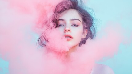 Isolated pastel blue background with a young woman surrounded by a pink cloud of smoke.
