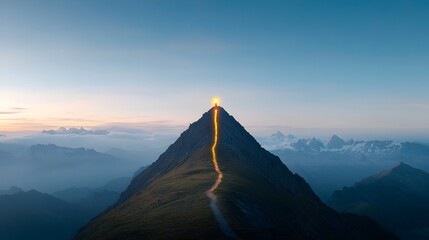 Serene mountain path winding through lush natural landscape leading up to an illuminated peak symbolizing the journey towards achieving a goal or finding a solution