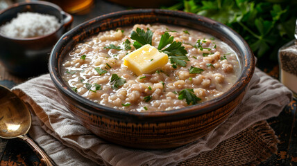 A delicious bowl of Russian kasha, brimming with the wholesome goodness of buckwheat, topped with creamy butter and fresh herbs