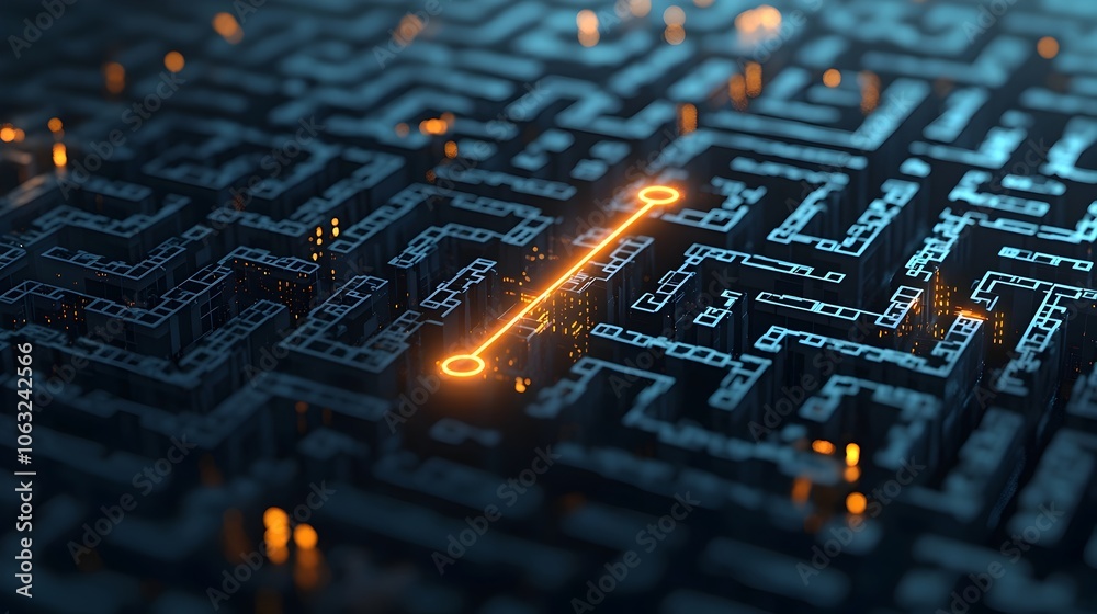 Leinwandbilder Glowing line finding the path through an intricate abstract maze representing a clear solution or breakthrough moment  The digital art design features a minimal