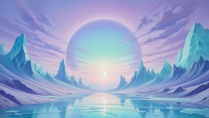 A serene and vibrant winter landscape featuring majestic icy mountains and a soft pastel sky at sunrise, evoking a sense of tranquility and wonder