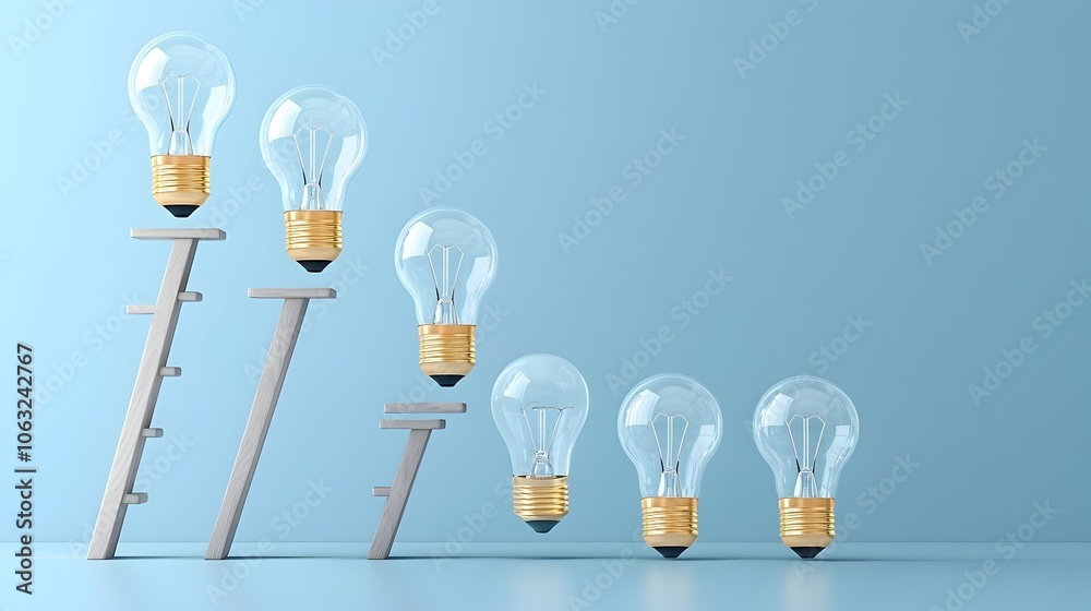 Poster Ladder of Illuminated Bulbs Reaching Upward Symbolizing the Progression and Growth of Ideas Innovation and Creativity  Minimalist White Studio Backdrop with Copy Space